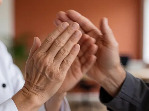 Detailed view of adult hands clapping against a warm, professional background suitable for music education contexts