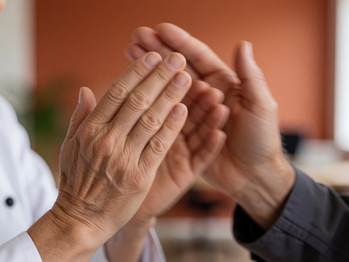 Detailed view of adult hands clapping against a warm, professional background suitable for music education contexts