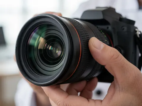 Close-up of a hand turning the focus ring on a professional camera lens with natural light reflections and a blurred background