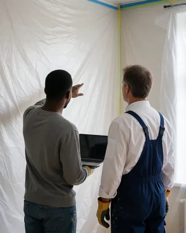 Two painters in a room with plastic-covered walls; one points to a corner while the other holds a laptop, showing professional interior painting service in action.