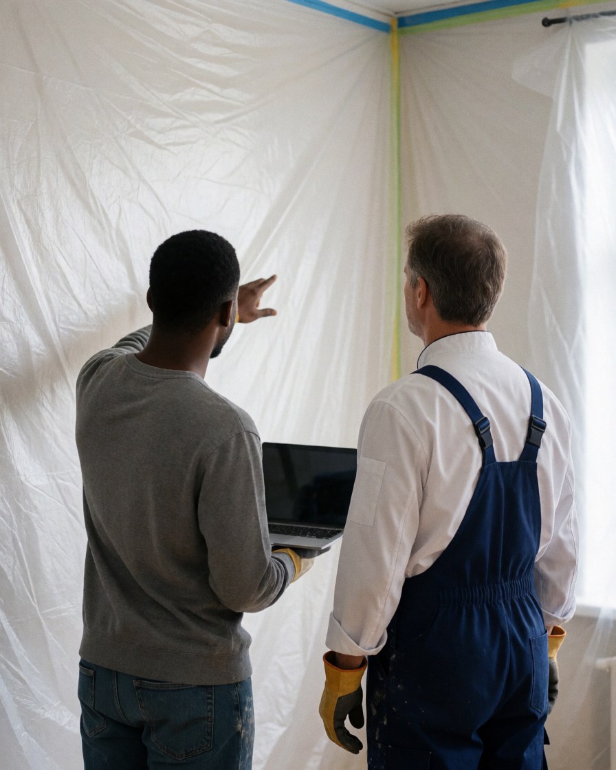 Two painters in a room with plastic-covered walls; one points to a corner while the other holds a laptop, showing professional interior painting service in action.