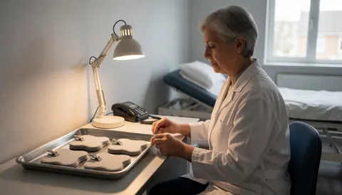Physiotherapist in white coat prepares electrodes on a desk with a lamp, rehabilitation table and light gray walls in the background.