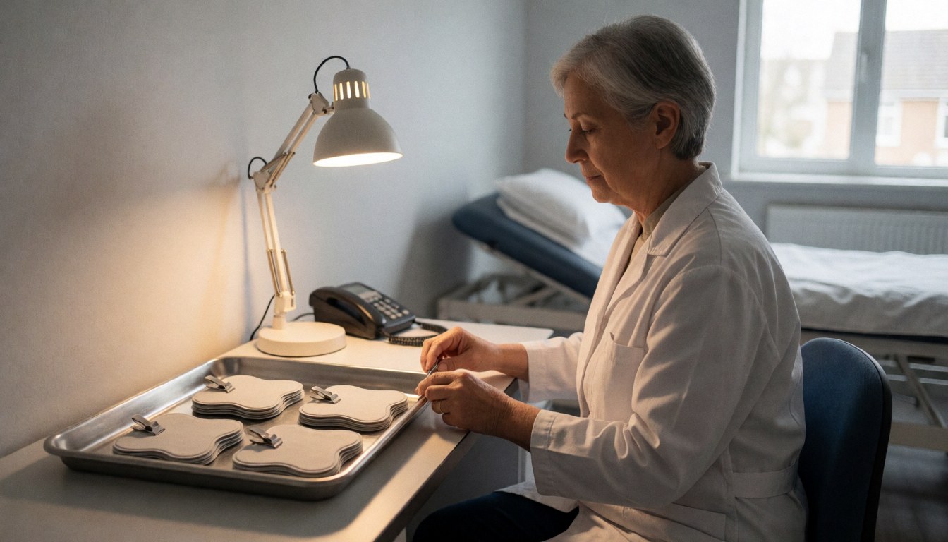Physiotherapist in white coat prepares electrodes on a desk with a lamp, rehabilitation table and light gray walls in the background.