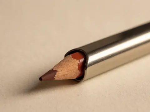 A sharpened colored pencil resting in its metal case on textured paper with warm lighting, ideal for stationery product photography.