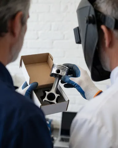 Mechanic inspecting a new engine piston taken from a box in a workshop with a white brick wall and visible repair equipment.