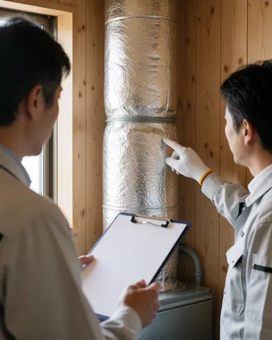 Technician in gloves points to insulated duct while client with clipboard observes in room with wood walls and natural light