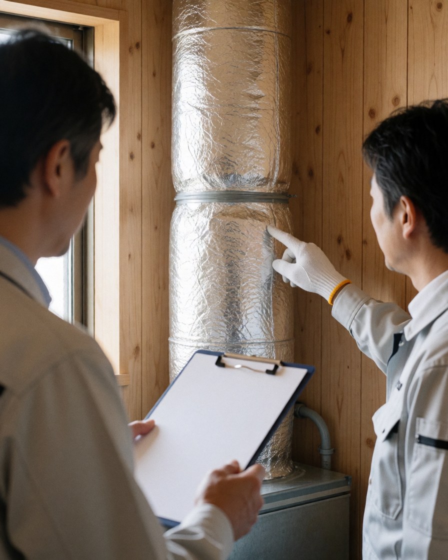 Technician in gloves points to insulated duct while client with clipboard observes in room with wood walls and natural light
