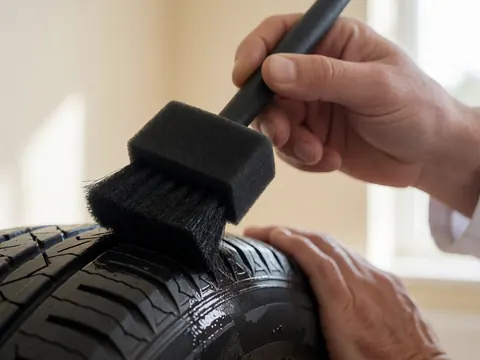 Close-up of a hand using a foam brush to apply black tire shine product to a tire tread against a beige wall