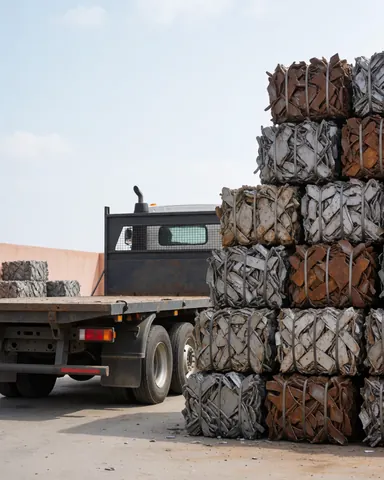 Empty flatbed truck parked next to stacked compacted metal bales bound with metal tape at a recycling facility