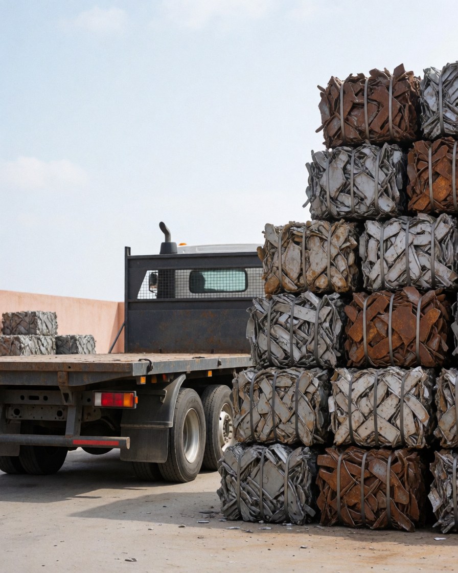 Empty flatbed truck parked next to stacked compacted metal bales bound with metal tape at a recycling facility