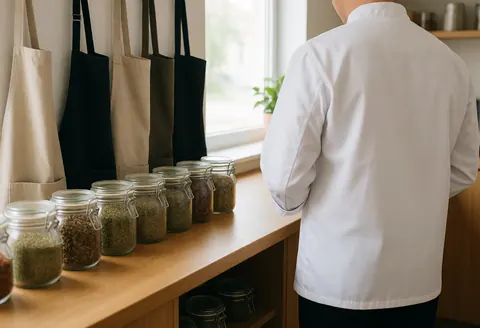Chef in uniform standing with back to camera facing glass spice jars on a wooden counter in a cooking school with natural light