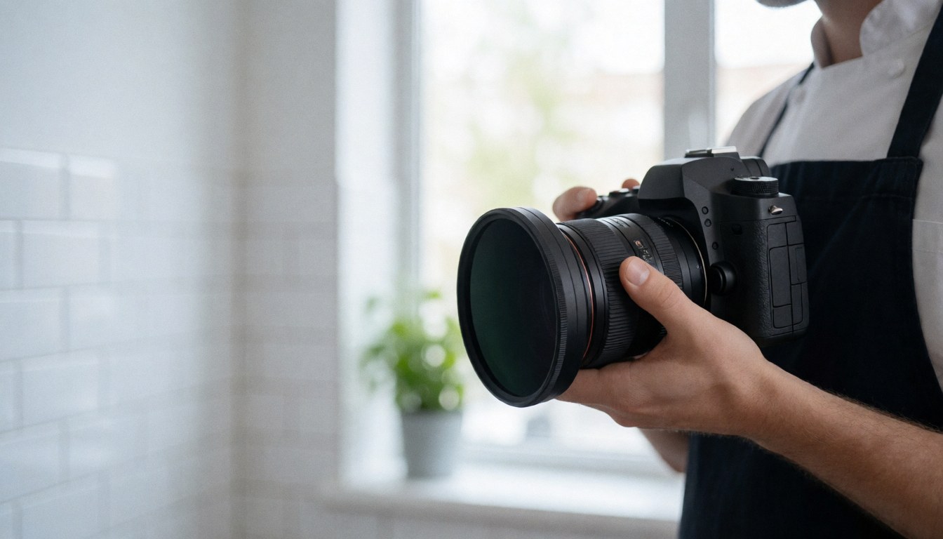 Professional photographer holding a camera with an ND filter in a studio with white tiled walls and natural light from a window.