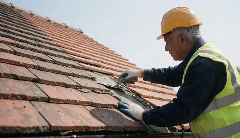 A technician wearing a hard hat and safety vest applies mortar to a terracotta roof tile under bright sunlight.