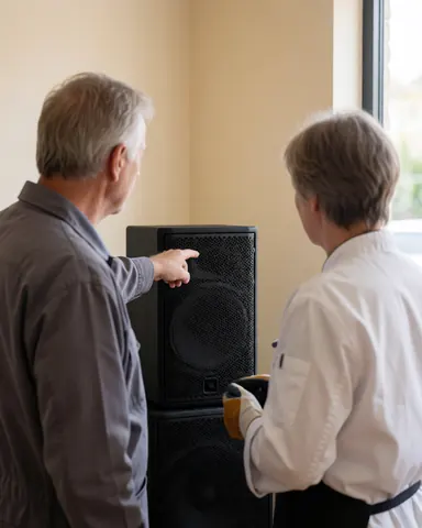 A person points at a large black speaker while another individual inspects the audio equipment in a room with beige walls and natural light.