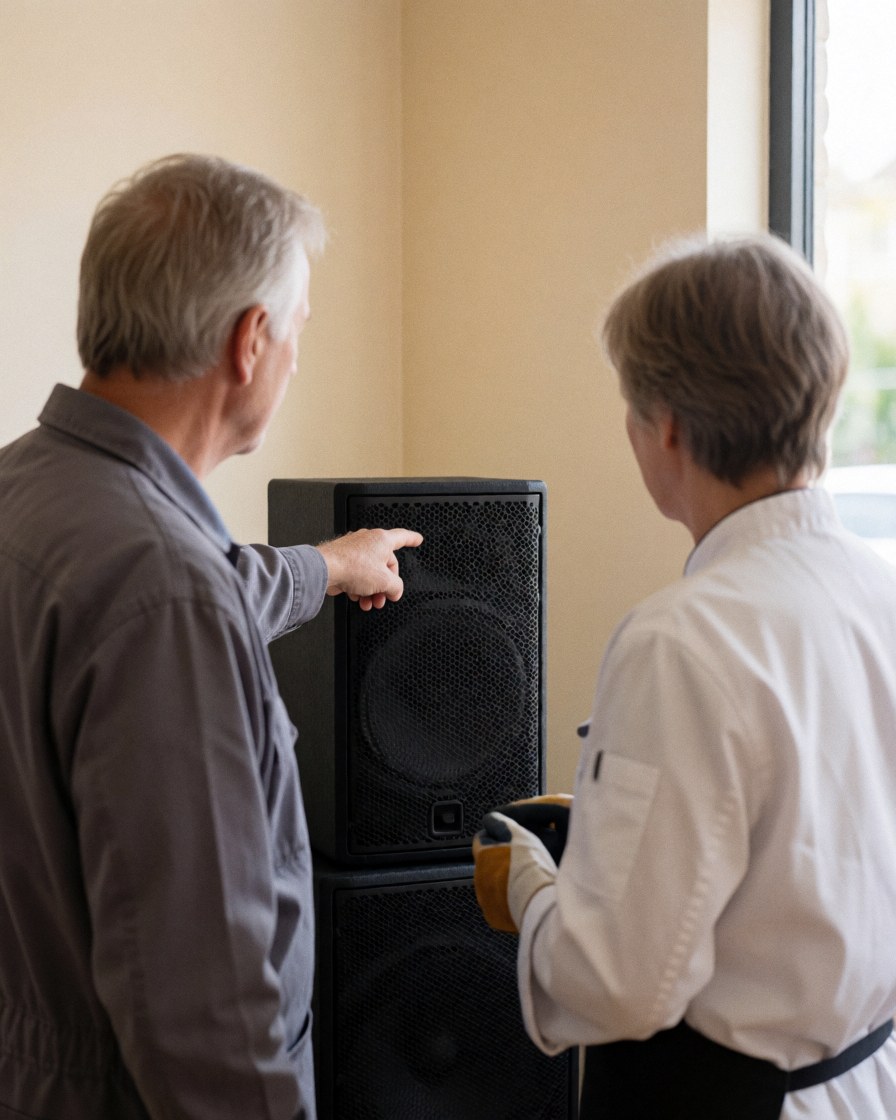 A person points at a large black speaker while another individual inspects the audio equipment in a room with beige walls and natural light.