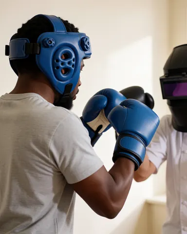 A client wearing a blue helmet and gloves throws a right punch while a black training pad blocks it in a gym with white walls.