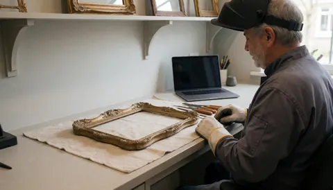 A man works on an antique frame on a table in a furniture restoration workshop with tools and gray walls.
