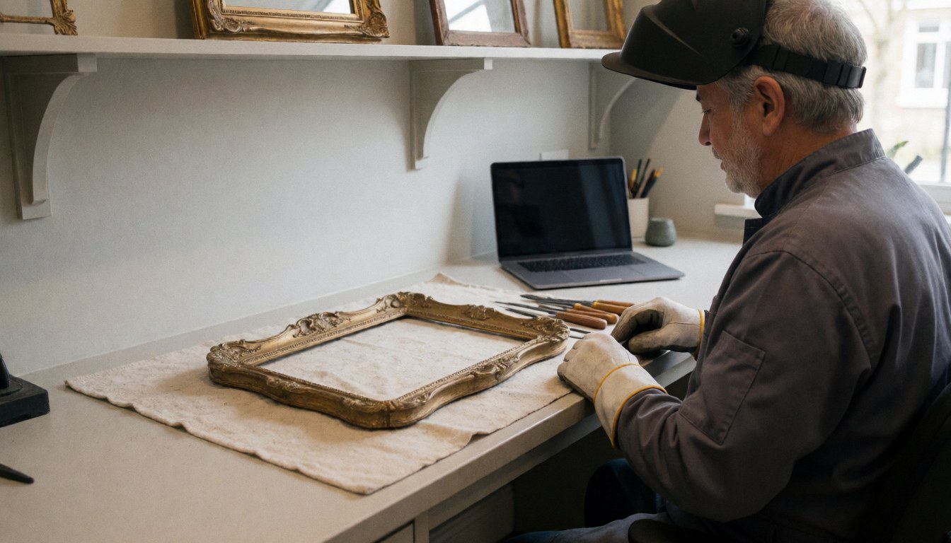 A man works on an antique frame on a table in a furniture restoration workshop with tools and gray walls.