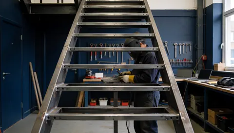 Welder wearing a helmet working on a metal staircase structure in an industrial workshop with blue walls and hanging tools.