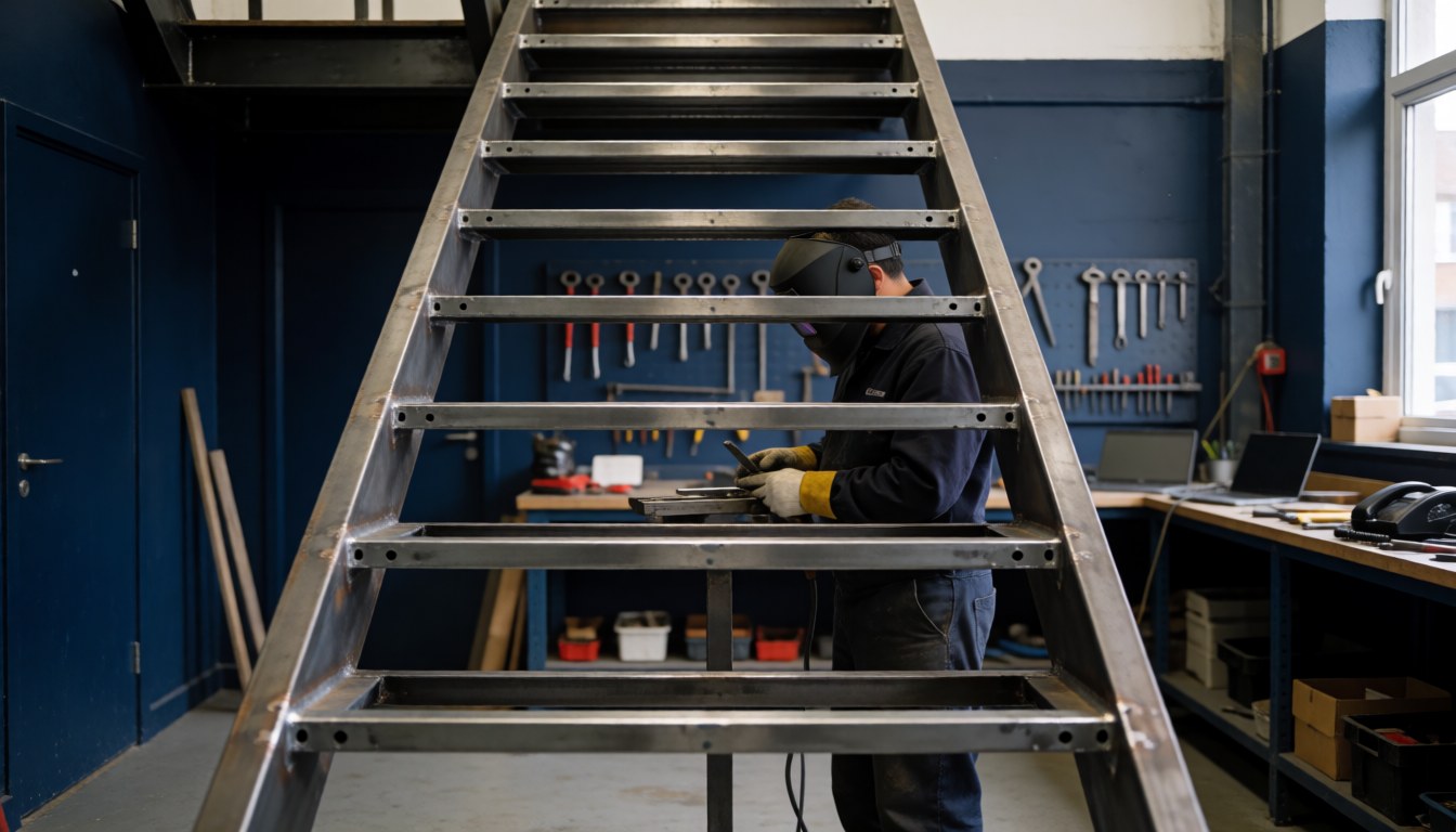 Welder wearing a helmet working on a metal staircase structure in an industrial workshop with blue walls and hanging tools.