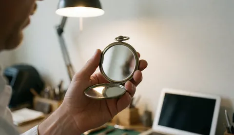 A hand holds an open pocket mirror while watchmaker tools rest on a white surface in the background under desk lighting.