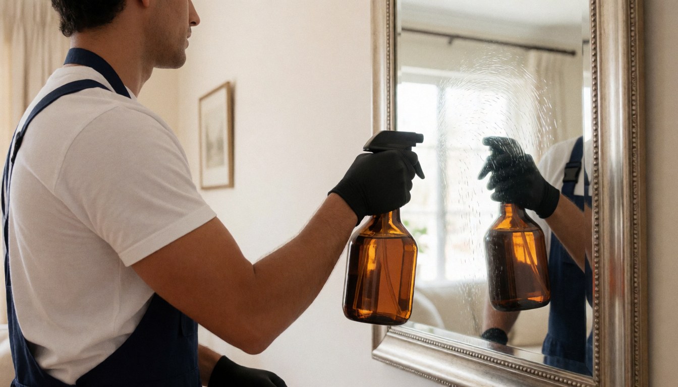 A window cleaner wearing gloves applies cleaning product to a large gold-framed mirror in a white room.