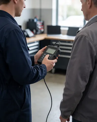 Technician holding diagnostic equipment and tools while explaining test results to a customer in a repair shop.