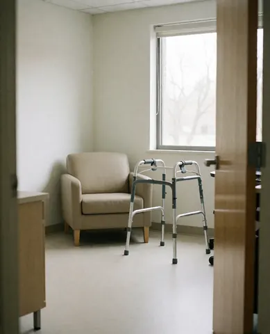 Clean and orderly therapy room interior featuring a walker, chair, and window with natural light for geriatric massage.