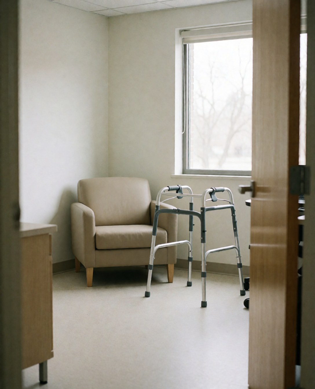 Clean and orderly therapy room interior featuring a walker, chair, and window with natural light for geriatric massage.