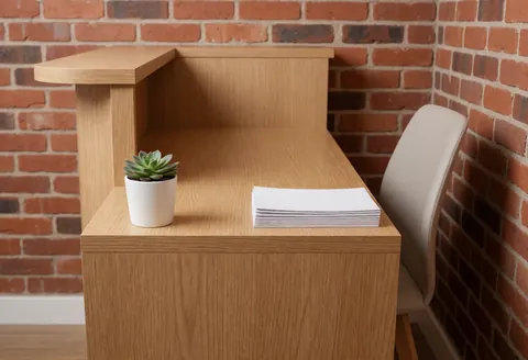 Modern nail salon reception featuring a light wood desk, contemporary chair, and exposed red brick wall, displaying brochures and manicure services.