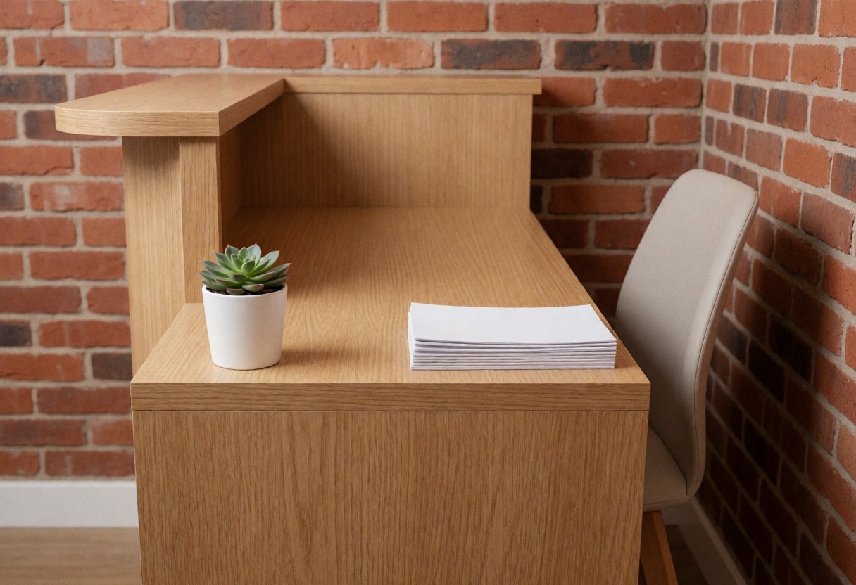 Modern nail salon reception featuring a light wood desk, contemporary chair, and exposed red brick wall, displaying brochures and manicure services.
