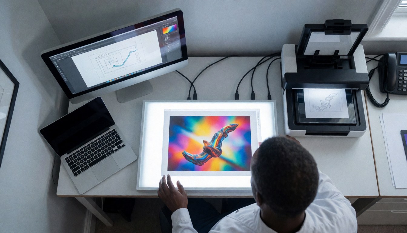 Designer checking a vibrant textile print proof under a work light with a monitor and scanner on a modern desk