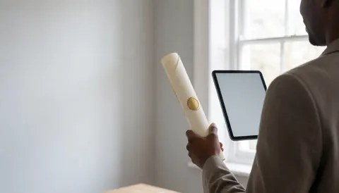 Back view of person holding a certificate and tablet near a window, suitable for coding course website hero