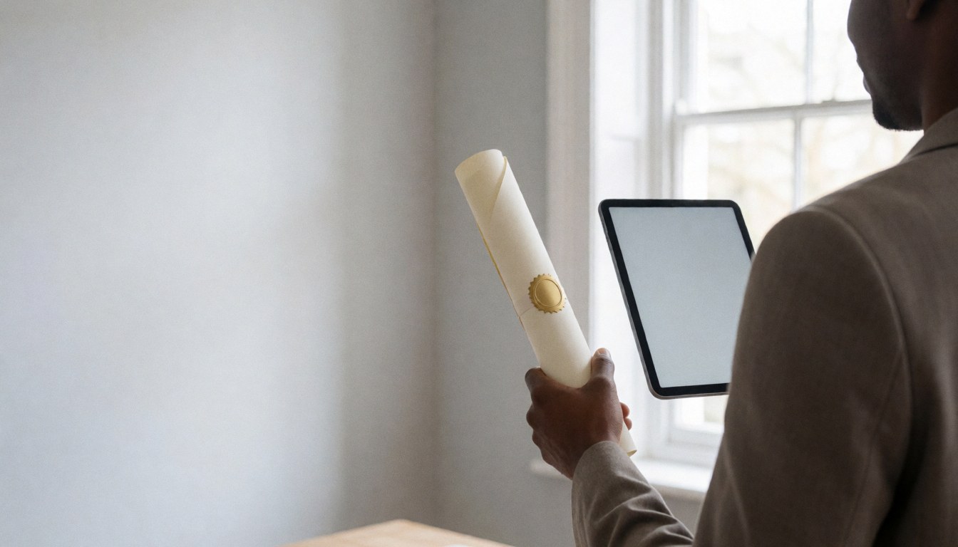 Back view of person holding a certificate and tablet near a window, suitable for coding course website hero
