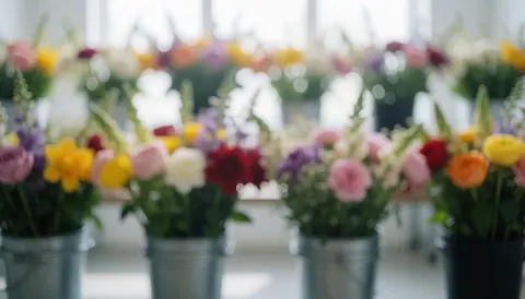 Fresh flowers in metal storage buckets with diffused light and vibrant tones, ideal for florist text backgrounds