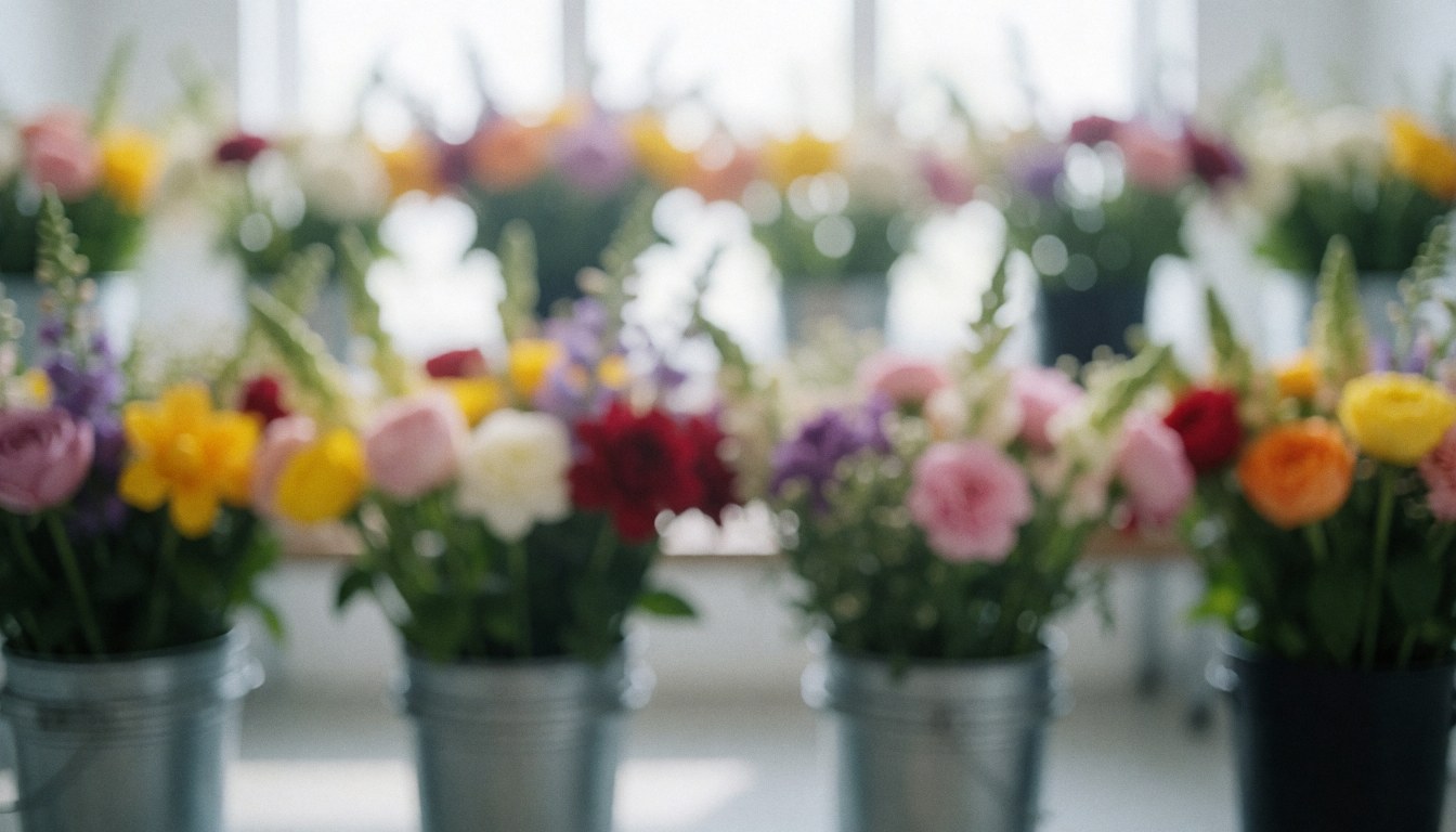Fresh flowers in metal storage buckets with diffused light and vibrant tones, ideal for florist text backgrounds