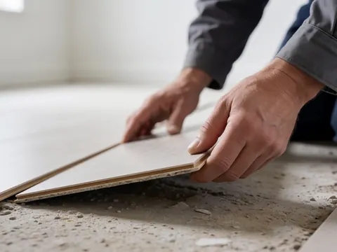 Close-up view of hands placing laminate flooring planks onto a concrete subfloor during installation