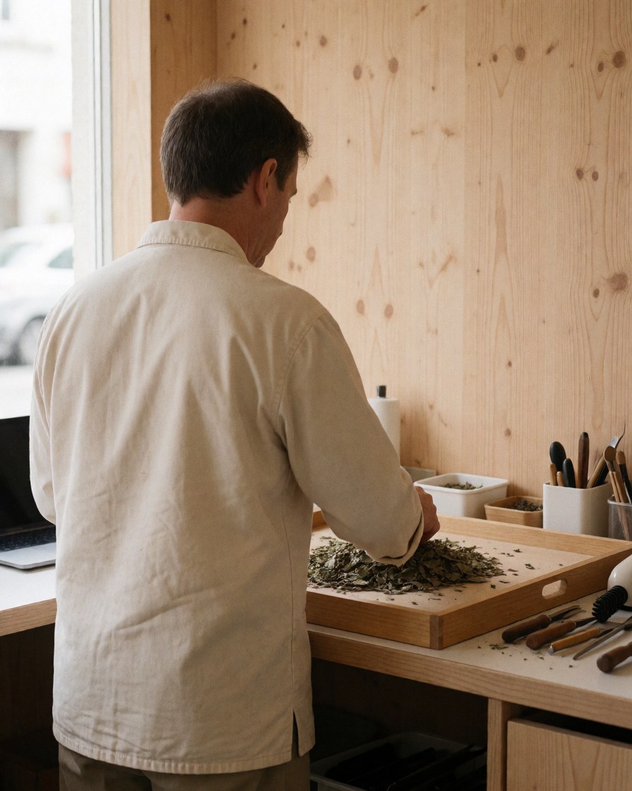 A man sorting dried leaves on a large wooden board in a workshop with light wood walls and tools nearby, illustrating traditional healing services.