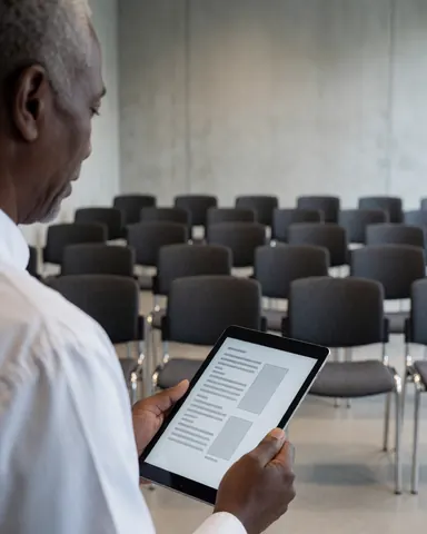 A happy customer reviews an event seating layout on a tablet in a concrete room with soft lighting