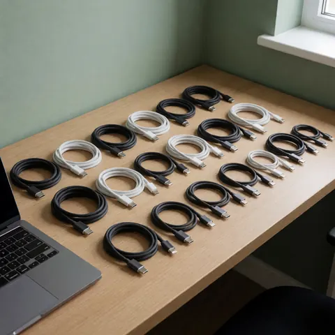 Organized USB-C and Lightning charging cables on a wooden desk with a green wall, window, and laptop, ideal for mobile repair shops.