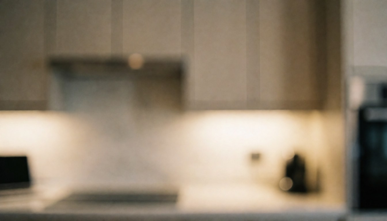 Blurred modern kitchen background featuring warm lighting, cabinets, and appliances, suitable for text overlays.