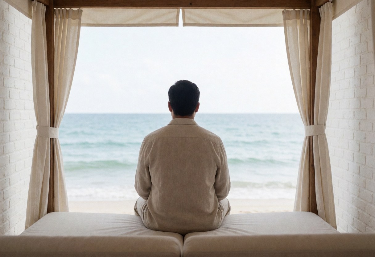 A man in linen clothing sits in a white brick beach cabana looking out at the sea and sandy beach.
