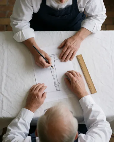 A hand sketches a wooden chair design on grid paper using a ruler and pencil on a white table.