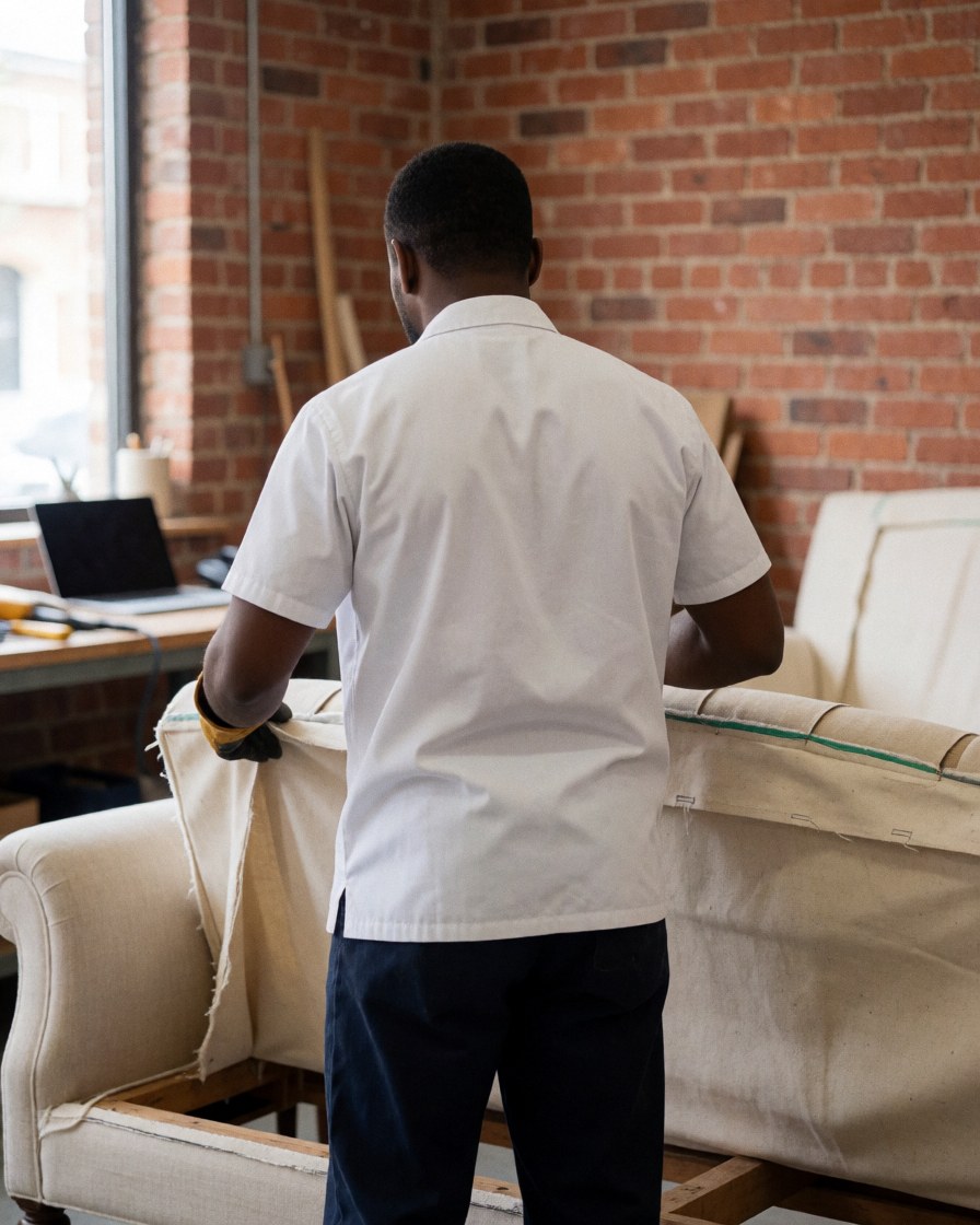 Upholsterer working on sofa repair in workshop with brick wall and tools visible