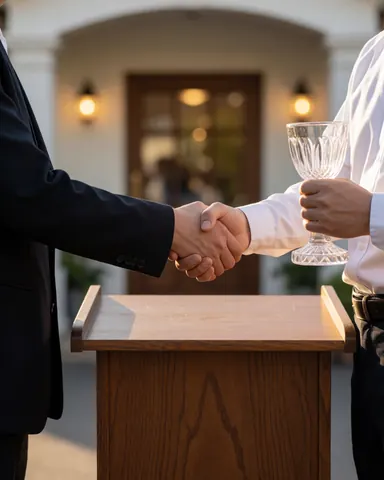 Two people shaking hands over a wooden podium, one holding a glass cup, in front of a club entrance with warm lighting, celebrating professional achievement.