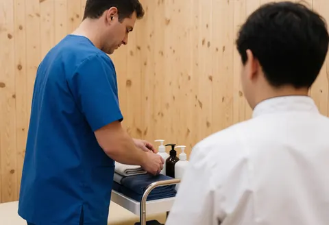 Therapist in blue uniform prepares towels and bottles on a cart for sports massage in a clinic with light wood walls