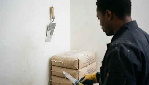 A professional worker handling stucco bags and a shovel in a clean and organized space suitable for a plastering business.