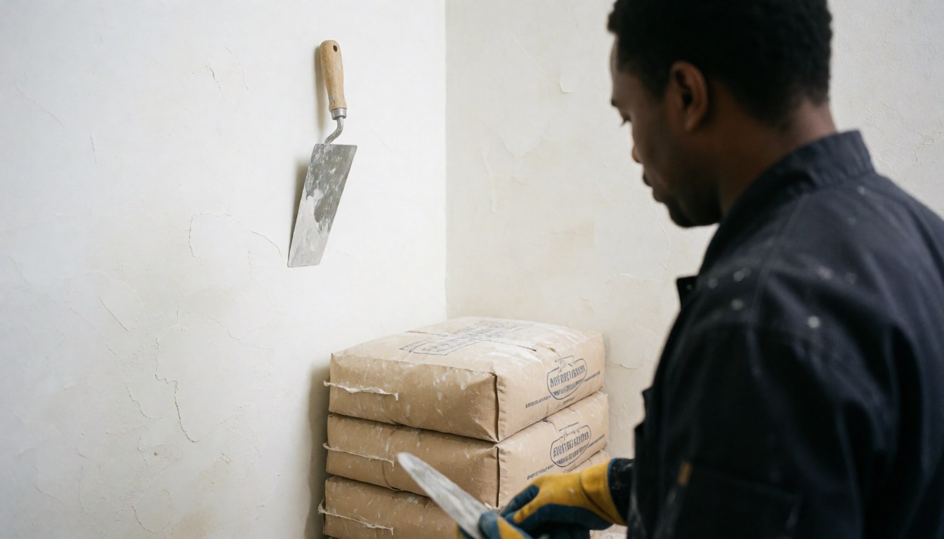 A professional worker handling stucco bags and a shovel in a clean and organized space suitable for a plastering business.