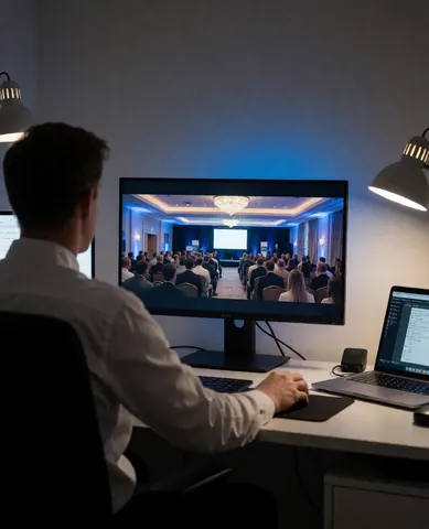 A client reviews video footage on an editing monitor in an office with warm gray walls and desk lamps.