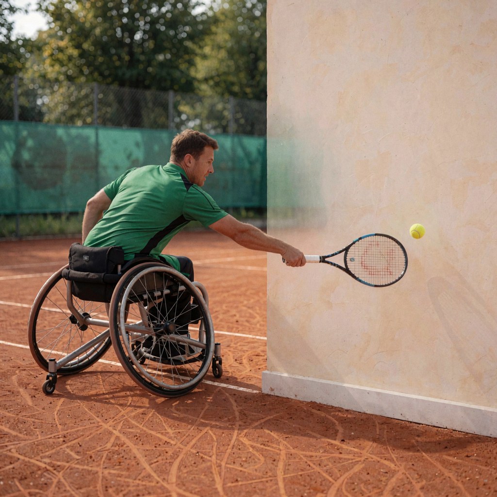 A wheelchair tennis player hits a yellow ball with a racket on a red clay court with a beige wall nearby